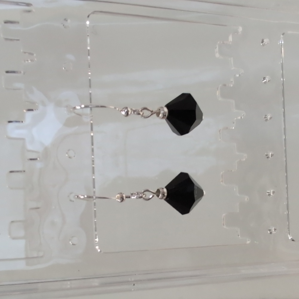 Handmade Black Swarovski 10mm Bicone Silver Plated Dangle Earrings
